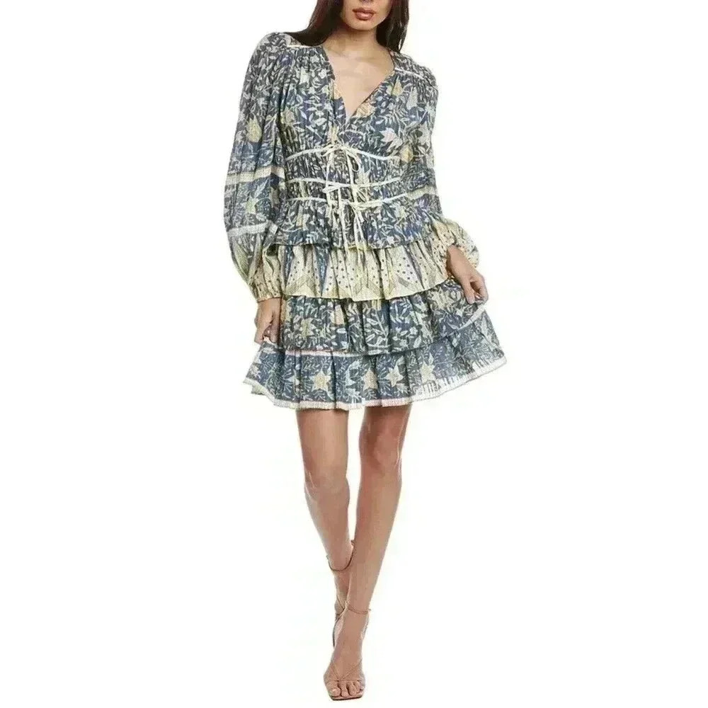 Ulla Johnson Dress Nina Floral Print Mini Ruffle Tiered Corset Tie 6 Blue NWT - Picture 3 of 8